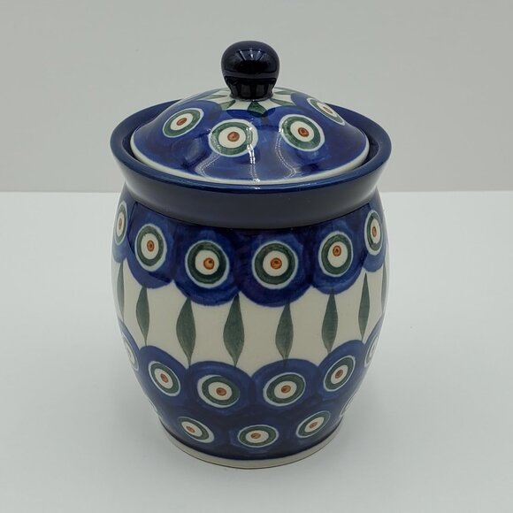 Polish Pottery Other - Polish Pottery Peacock Leaves Jar with Lid Peacock Sugar Bowl Small Lidded Jar
